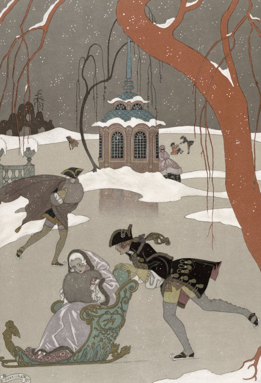 التزحلق على الجليد على البحيرة المتجمدة ، رسم توضيحي لـ "Fetes Galantes" بقلم بول فيرلين (1844-96) نُشر عام 1928 (طباعة pochoir) بواسطة جورج (بعد) الحلاق
