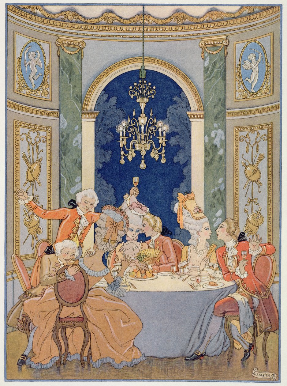 رسم توضيحي من "Les Liaisons Dangereuses" بقلم بيير تشودرلوس دي لاكلوس (1741-1803) نُشر في عشرينيات القرن الماضي (طباعة استنسل) بواسطة جورج (بعد) الحلاق