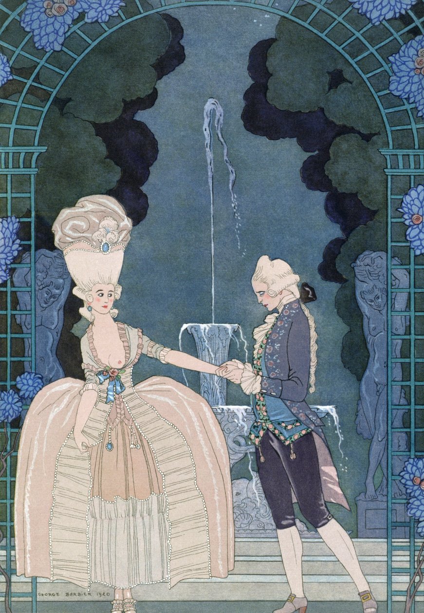 الحب تحت النافورة، رسم توضيحي لـ "Fetes Galantes" بقلم بول فيرلين (1844-96) 1928 (طباعة pochoir) بواسطة جورج (بعد) الحلاق