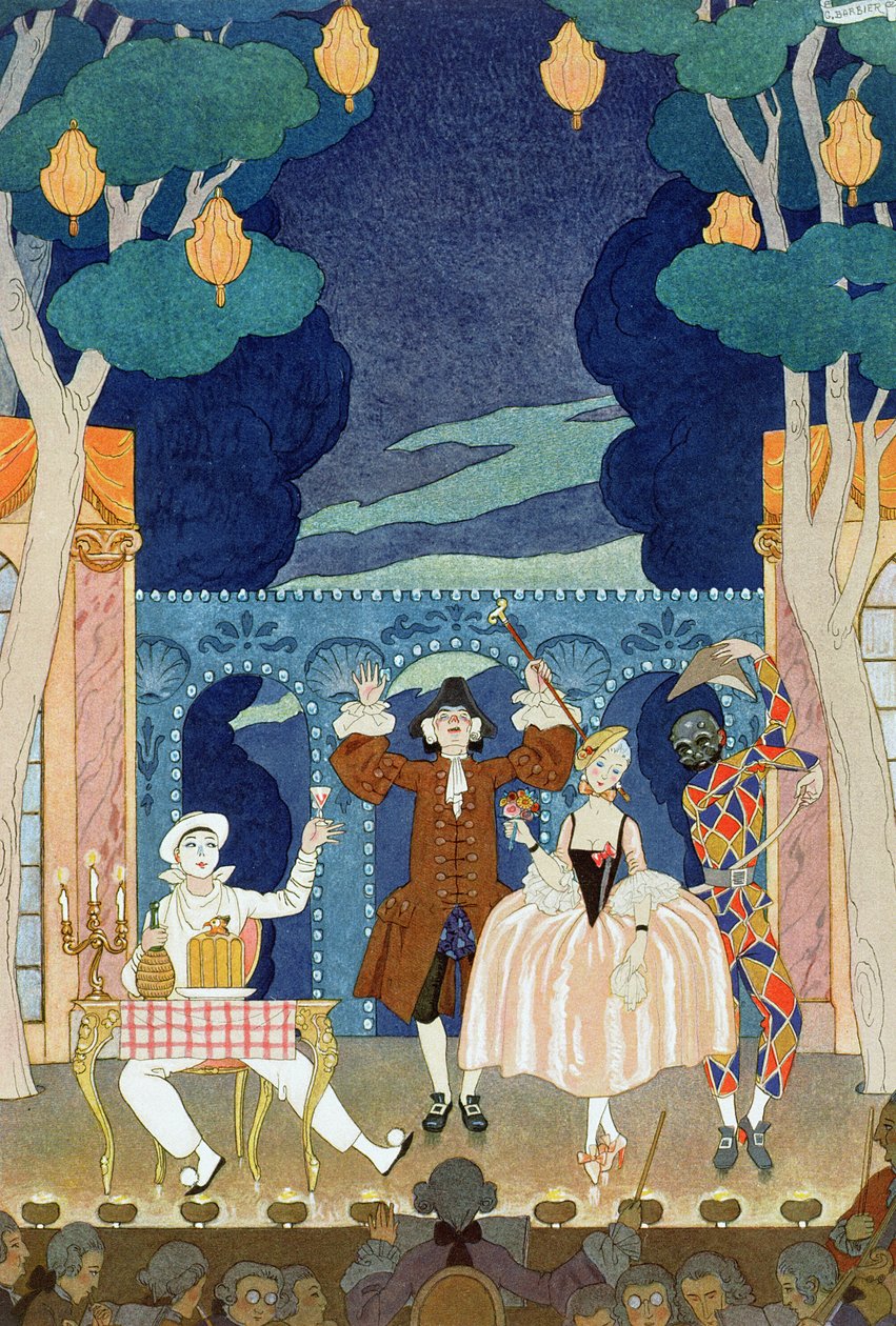 مسرح بانتومايم ، رسم توضيحي لـ "Fetes Galantes" بقلم بول فيرلين (1844-96) 1924 (طباعة استنسل) بواسطة جورج (بعد) الحلاق