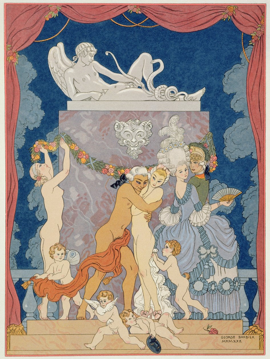 مشهد من "Les Liaisons Dangereuses" بقلم بيير تشودرلوس دي لاكلوس (1741-1803) نُشر في عشرينيات القرن الماضي (طباعة استنسل) بواسطة جورج (بعد) الحلاق