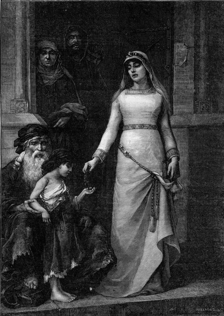 بلانش دي كاستيل ، ملكة فرنسا (1188 - 1252) ، الملقب بحب الفقراء "(1879). نقش بعد اللوحة التي رسمها جورج مورو دو تور (1848-1901) في "" العالم المصور "" رقم 1267 بتاريخ 9 يوليو بواسطة جورج (بعد) مورو دي تورز
