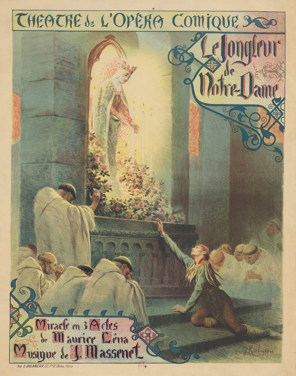 ملصق العرض الأول لأوبرا Le jongleur de Notre-Dame لجول ماسينت ، 1904. بواسطة جورج انطوان روشغروس