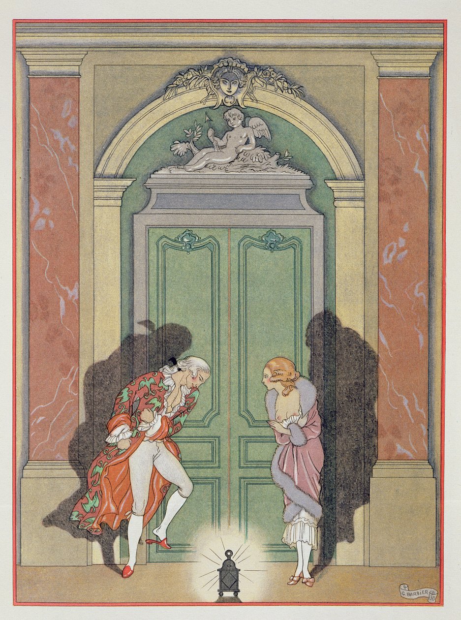 زوجان على ضوء الشموع، رسم توضيحي من كتاب Les Liaisons Dangereuses بقلم بيير تشودليرلوس دي لاكلوس (1741-1803) نُشر في عشرينيات القرن العشرين (طباعة pochoir) بواسطة جورج حلاق