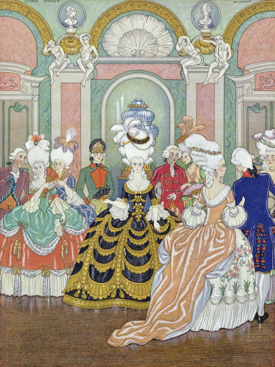 مشهد قاعة الاحتفالات ، رسم توضيحي من "Les Liaisons Dangereuses" بقلم بيير تشودرلوس دي لاكلوس (1741-1803) 1930 (طباعة استنسل) بواسطة جورج حلاق