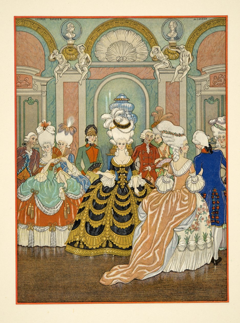 مشهد قاعة الاحتفالات ، رسم توضيحي من "Les Liaisons Dangereuses" بقلم بيير تشودرلوس دي لاكلوس (1741-1803) 1934 (طباعة استنسل) بواسطة جورج حلاق