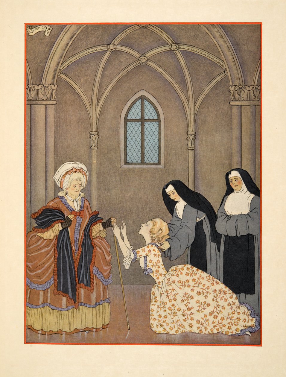 بعد عودة سيسيل إلى الدير ، رسم توضيحي من حانة "Les Liaisons Dangereuses" بقلم بيير تشودرلوس دي لاكلوس (1741-1803). 1934 (طباعة استنسل) بواسطة جورج حلاق