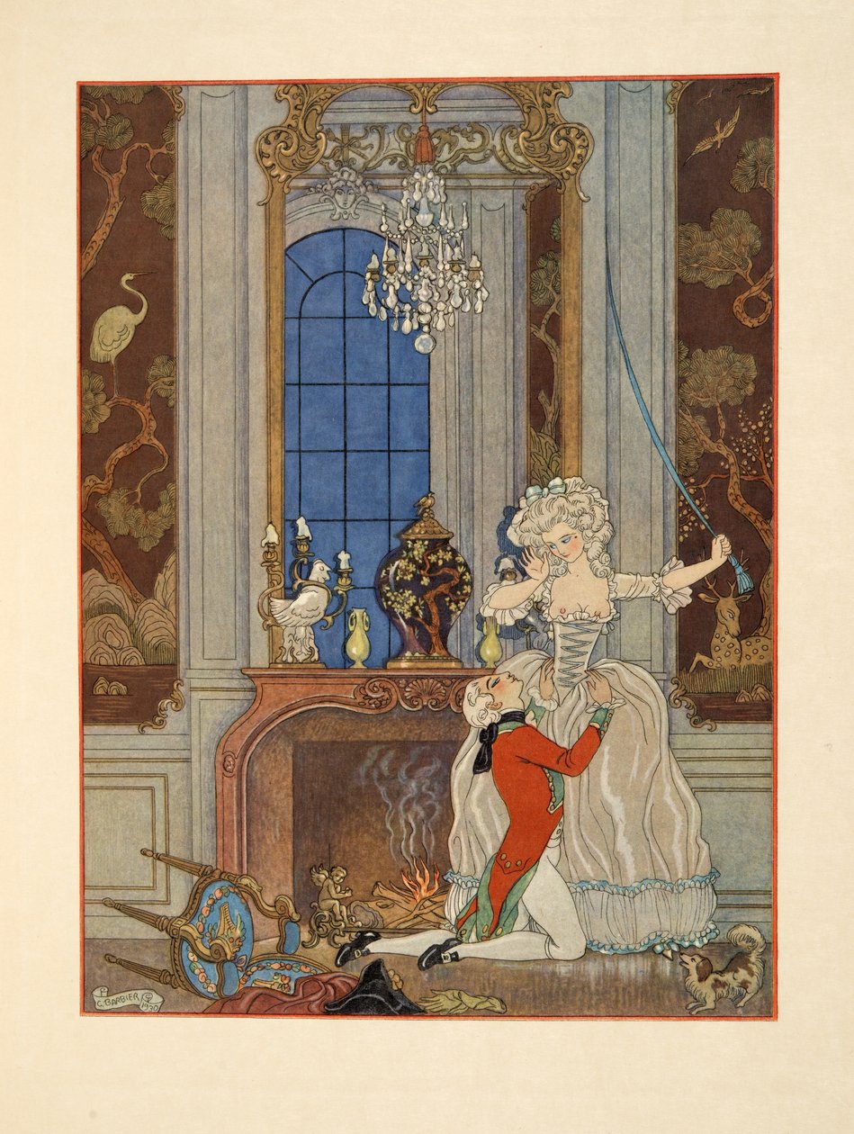 دانسيني يعلن حبه لسيسيل، رسم توضيحي من حانة "Les Liaisons Dangereuses" بقلم بيير تشودرلوس دي لاكلوس (1741-1803). 1934 (طباعة الاستنسل) بواسطة جورج حلاق