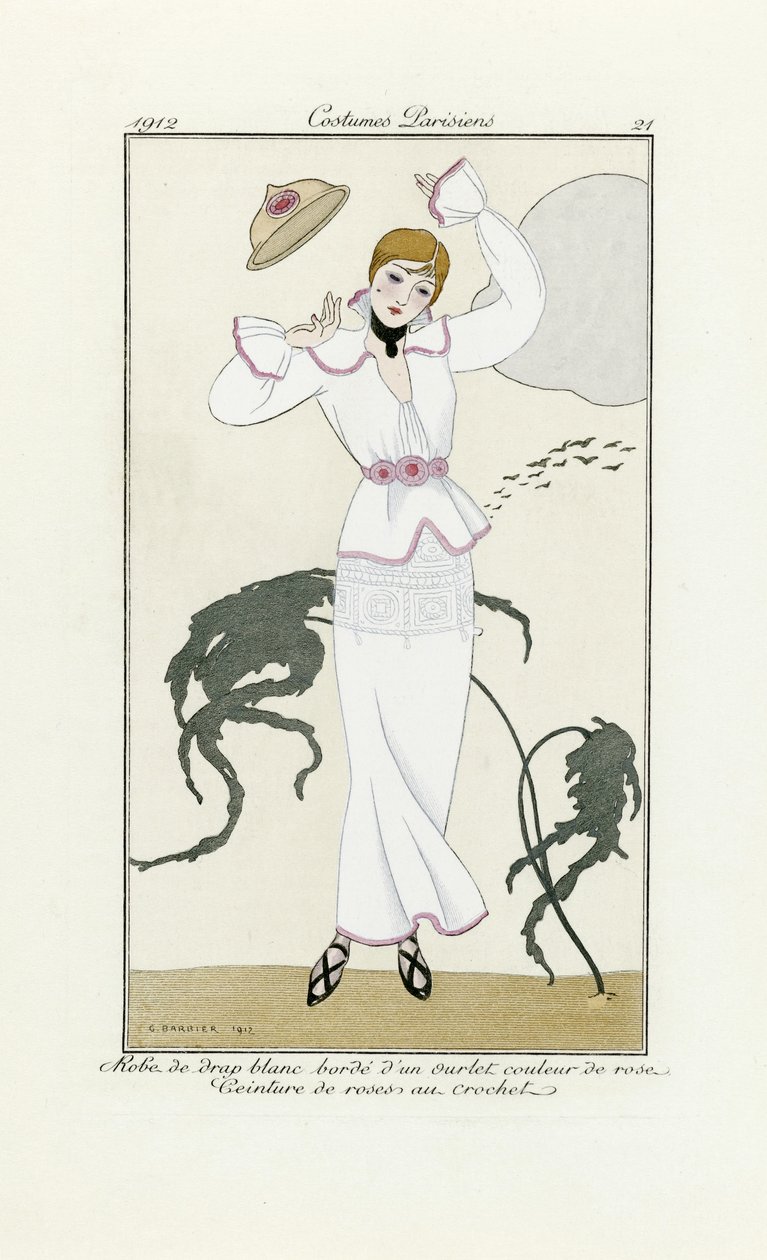 تصميم فستان أبيض بحافة وردية وحزام كروشيه ، من Costumes Parisien ، سنة 1912 (طباعة pochoir) بواسطة جورج حلاق