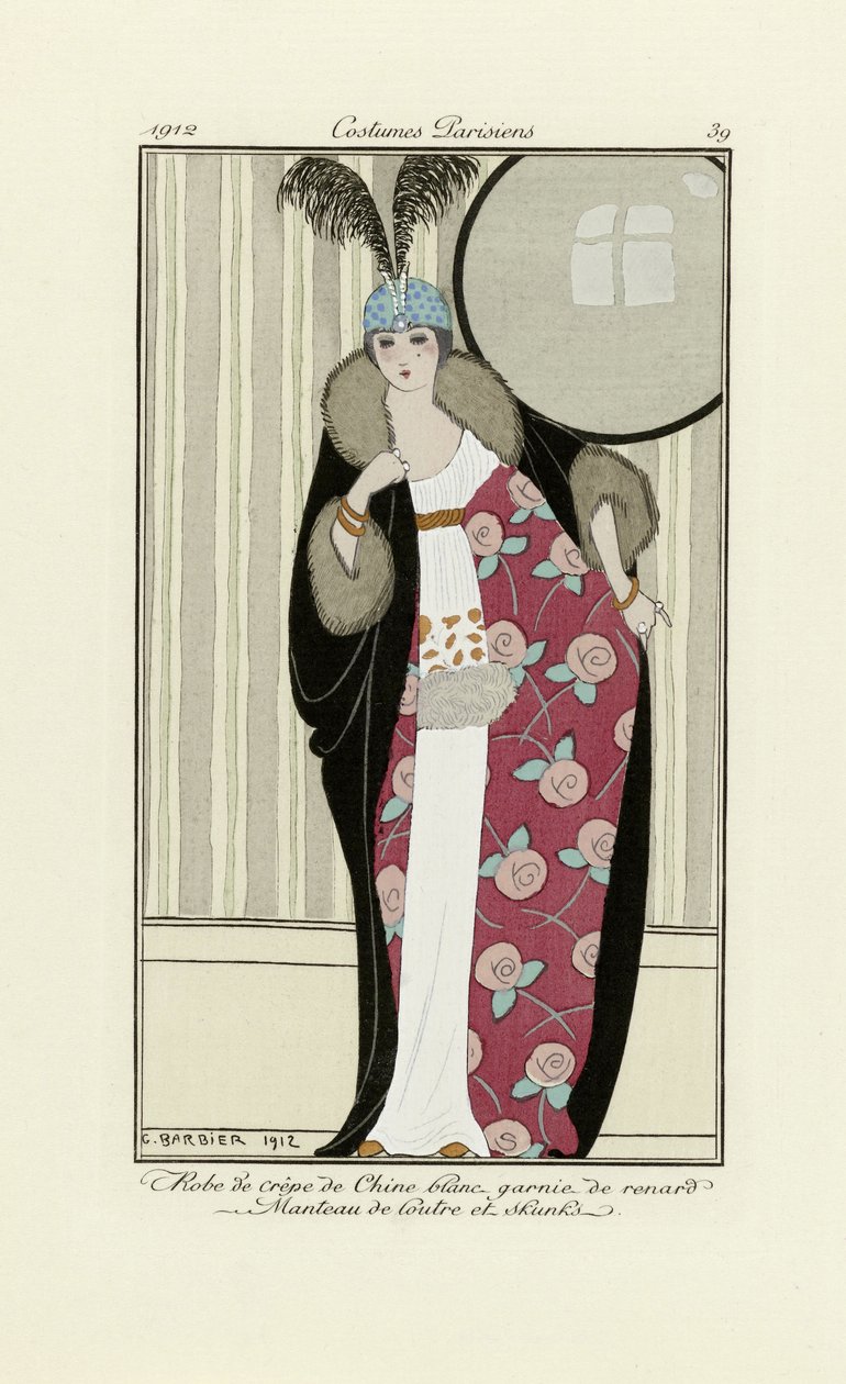 تصميم لباس مصنوع من كريب دو شاين ومعطف فرو ، من أزياء باريزيان ، حانة 1912 (طباعة pochoir) بواسطة جورج حلاق