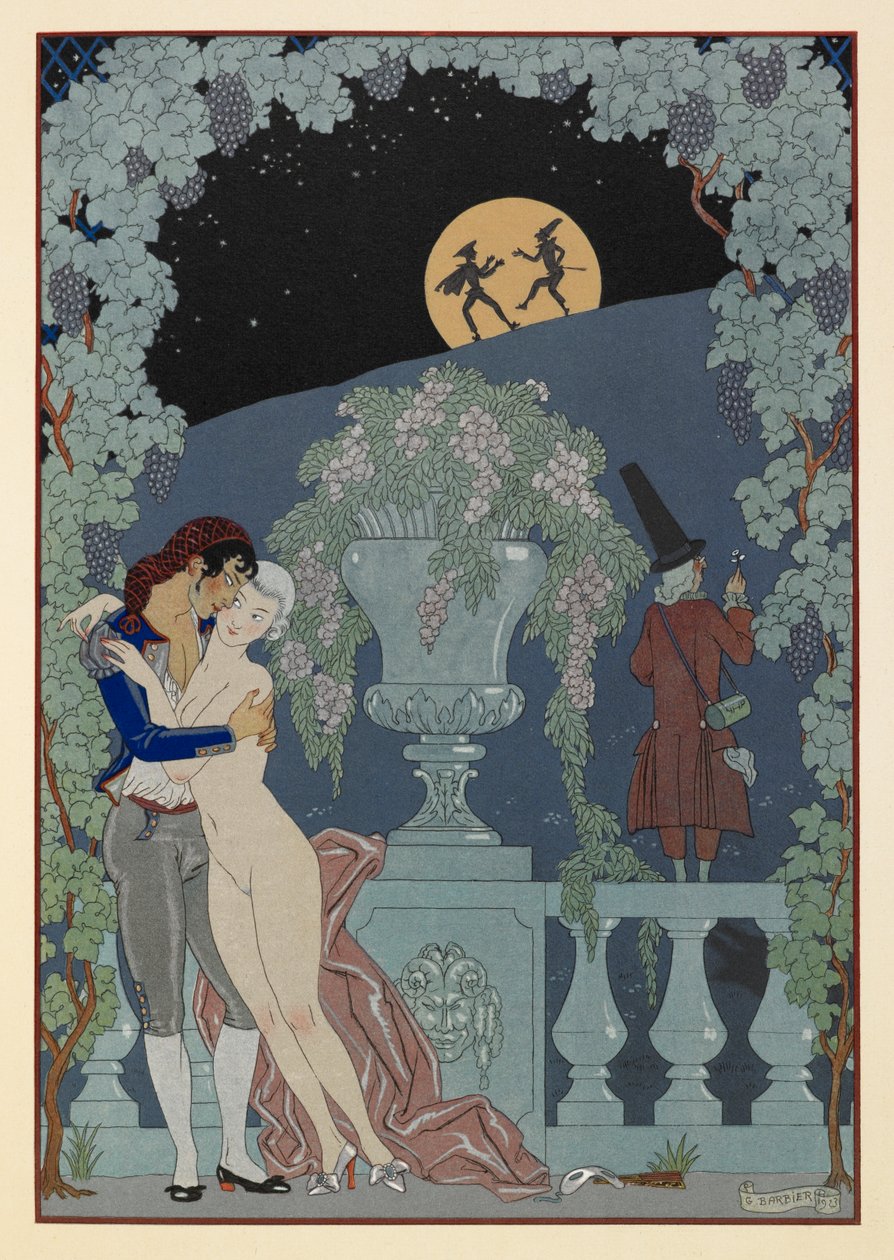 فانتوش. (الدمى المتحركة) من فيلم Fêtes Galantes و Scaramouche و Pulcinelle لديبوسي. رجل يحتضن امرأة عارية. اثنين من التين في صورة ظلية ضد القمر. بواسطة جورج حلاق