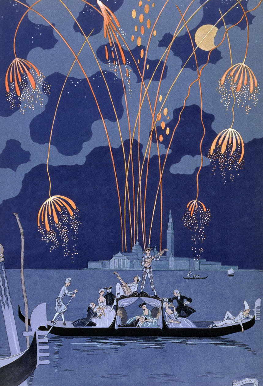الألعاب النارية في البندقية ، رسم توضيحي لـ "Fetes Galantes" بقلم بول فيرلين (1844-96) 1924 (طباعة pochoir) بواسطة جورج حلاق