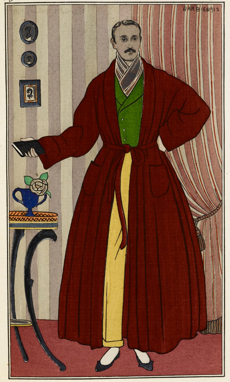 رجل في ثوب. رسم توضيحي لجورج باربييه (1882-1932) ، مأخوذ من Journal des dames et des mode. باريس 1912-1914. مؤسسة المكتبة البريطانية ، معرّف علامة الرف المرجعي: P.P.5242.dc ، ص 96 ، الصفحة المقابلة 16. رجل يرتدي غرفة تبديل ملابس بواسطة جورج حلاق