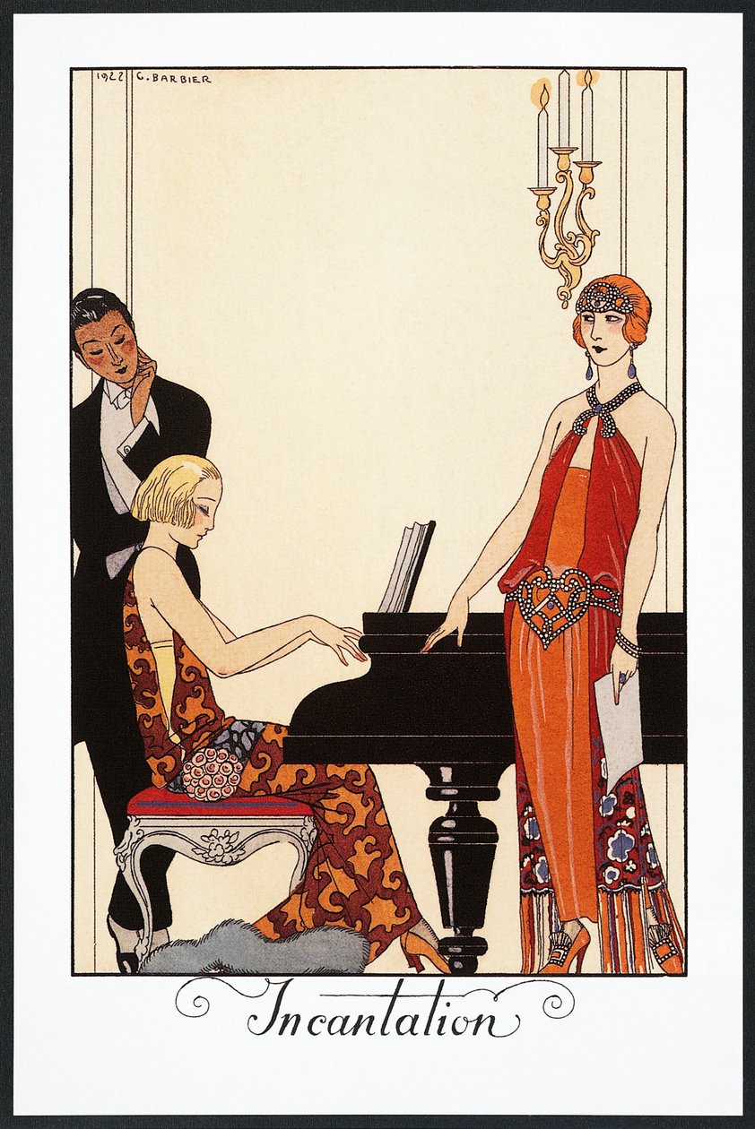 تعويذة ، عازفة بيانو وامرأة ترتدي ثياب السهرة ، رسم توضيحي من Falbalas et Fanfreluches ، تقويم عام 1923 بواسطة جورج حلاق