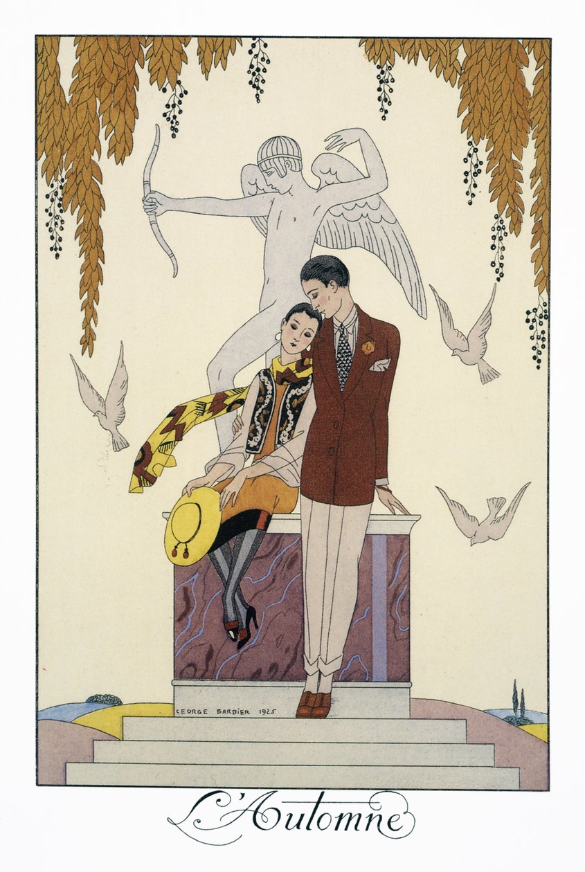 الخريف ، الطباعة الحجرية لجورج باربييه (1882-1932) ، من Falbalas et Fanfreluches ، Almanach des Modes Presentes ، Passees et Futures بواسطة جورج حلاق