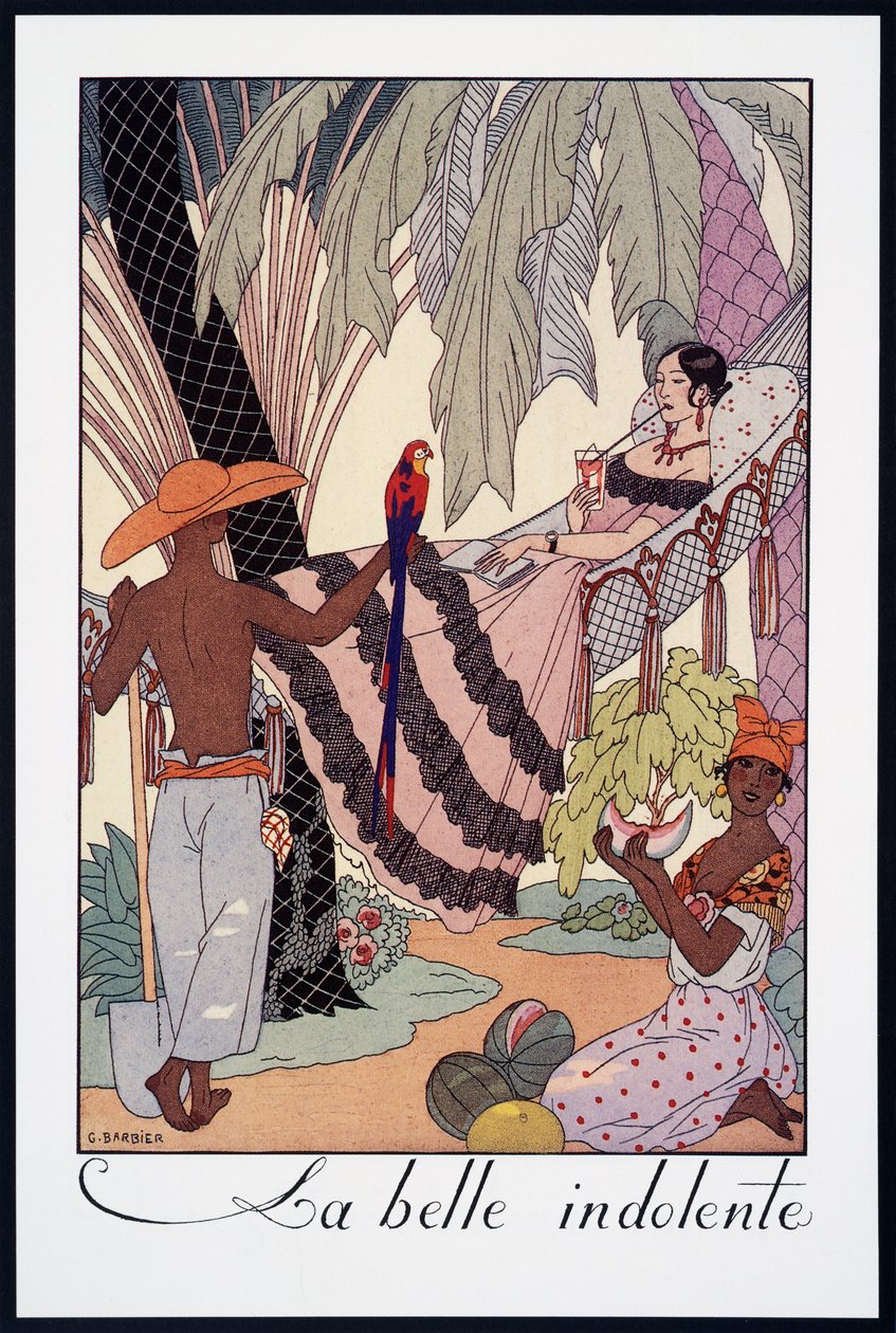La Belle Indolente ، الطباعة الحجرية لجورج باربييه (1882-1932) ، من Falbalas et Fanfreluches ، Almanach des Modes Presentes ، Passees et Futures ، فرنسا ، القرن العشرين بواسطة جورج حلاق
