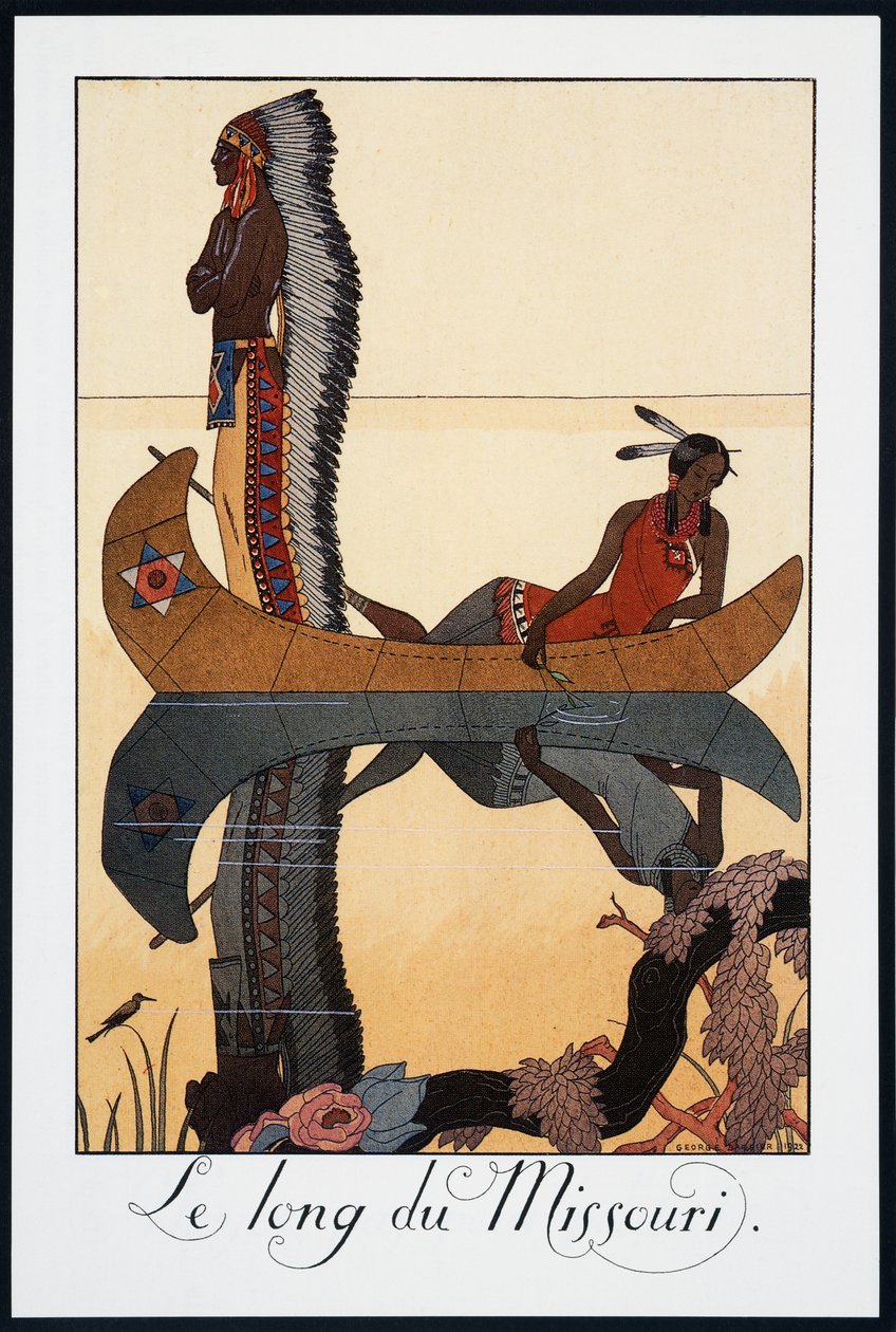 على طول ميسوري ، الطباعة الحجرية لجورج باربييه (1882-1932) ، من Falbalas et Fanfreluches ، Almanach des Modes Presentes ، Passees et Futures ، فرنسا ، القرن العشرين بواسطة جورج حلاق
