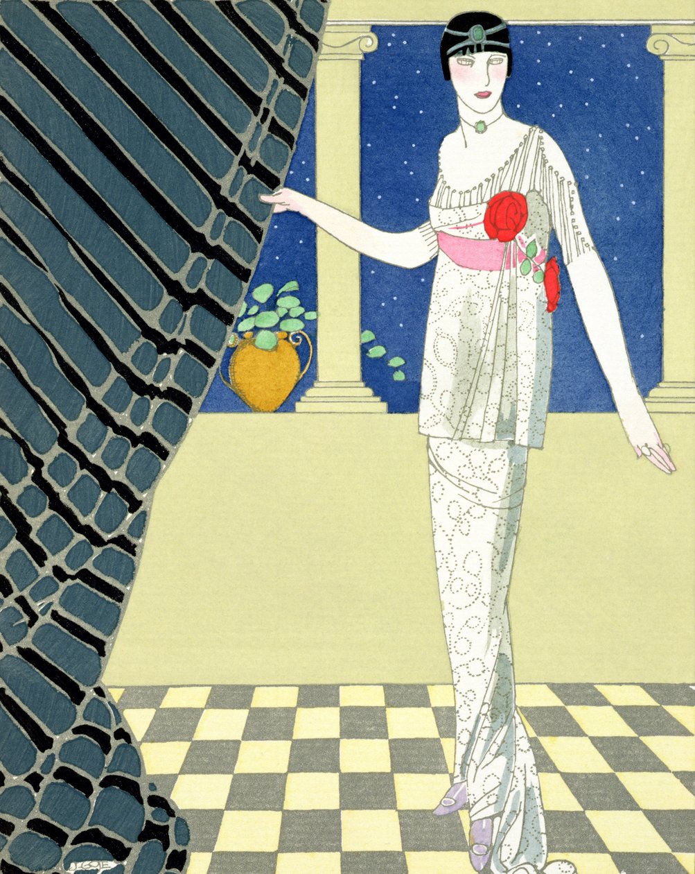 لم يصل ضيوفي ، رسم توضيحي لامرأة ترتدي فستانًا من تصميم Redfern (طباعة pochoir) بواسطة جورج حلاق