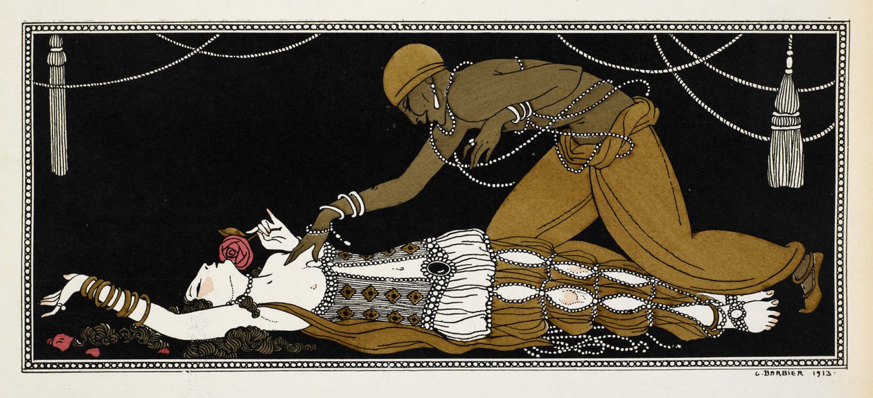 Nijinsky مثل العبد الذهبي في شهرزاد ، وهو جناح سيمفوني من تأليف نيكولاي ريمسكي كورساكوف في عام 1888. شهرزاد هنا على فراش الموت ، والعبد الذهبي يتكئ عليها بواسطة جورج حلاق