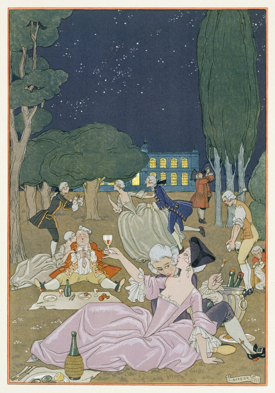 على العشب ، رسم توضيحي لـ "Fetes Galantes" بقلم بول فيرلين (1844-96) 1923 (طباعة pochoir) بواسطة جورج حلاق