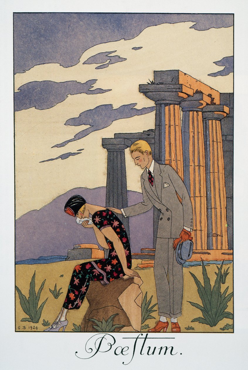 Paestum ، الطباعة الحجرية لجورج باربييه (1882-1932) ، من Falbalas et Fanfreluches ، Almanach des Modes Presentes ، Passees et Futures بواسطة جورج حلاق