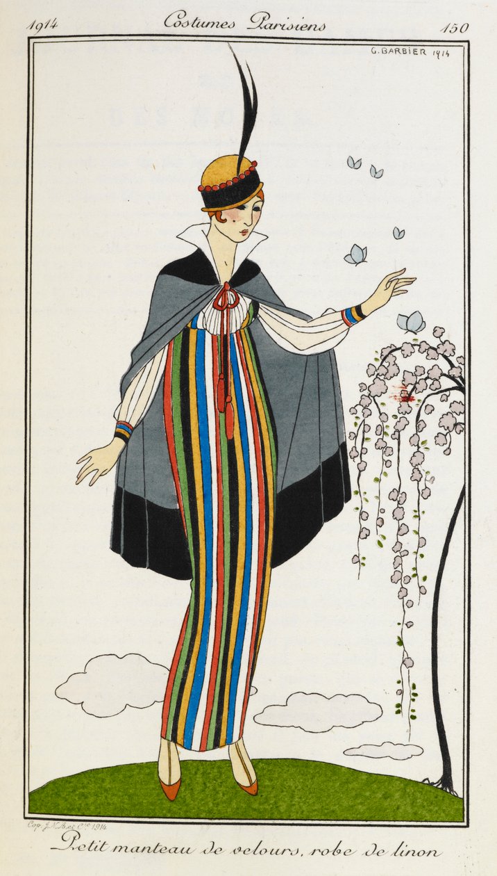 Petit manteau de velours، robe de linon. امرأة ترتدي عباءة صغيرة من المخمل ، مع فستان كتان مخطط ، وحذاء برتقالي على شكل حرف T ، وقبعة مزينة باللونين الأسود والأحمر. ازياء Parisiens. بواسطة جورج حلاق