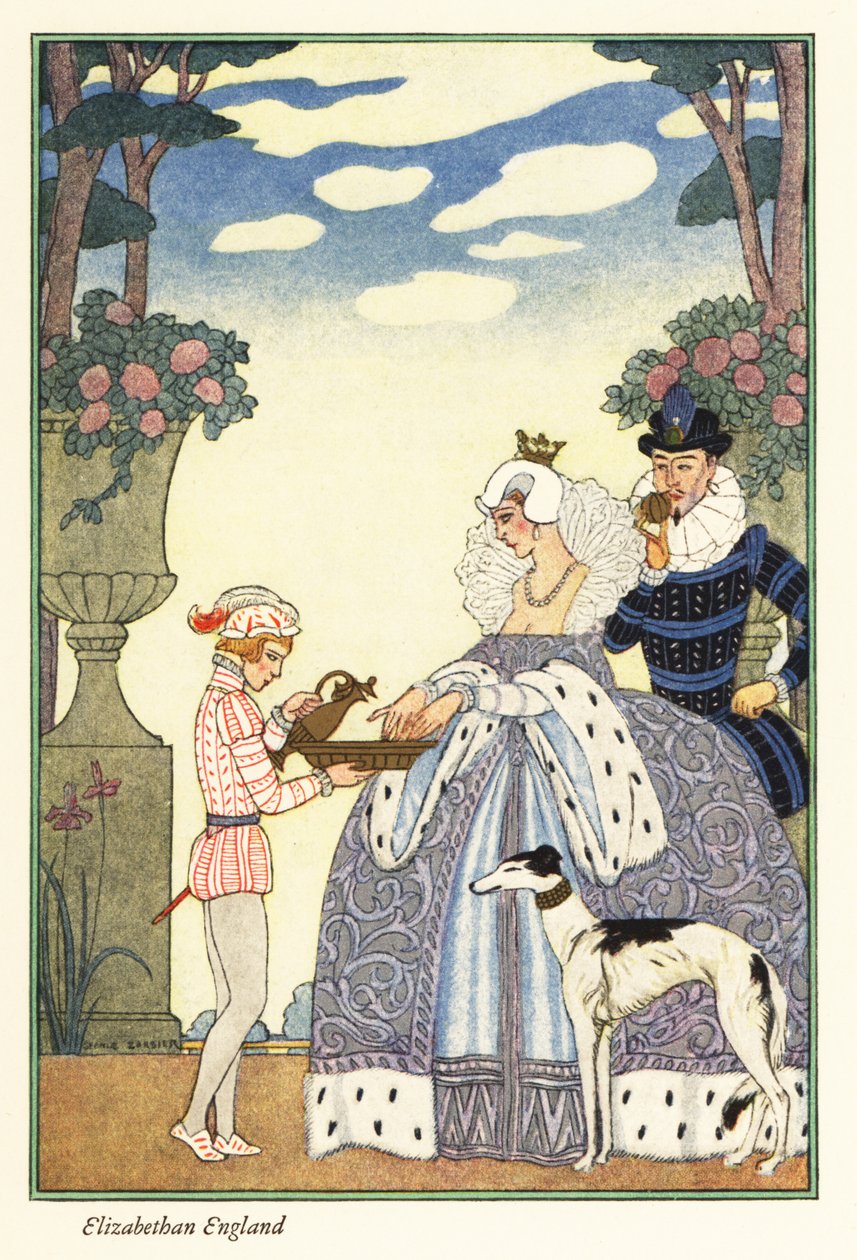 الملكة إليزابيث تغسل يديها في وعاء يحمله صبي الصفحة. 1928 (طباعة) بواسطة جورج حلاق