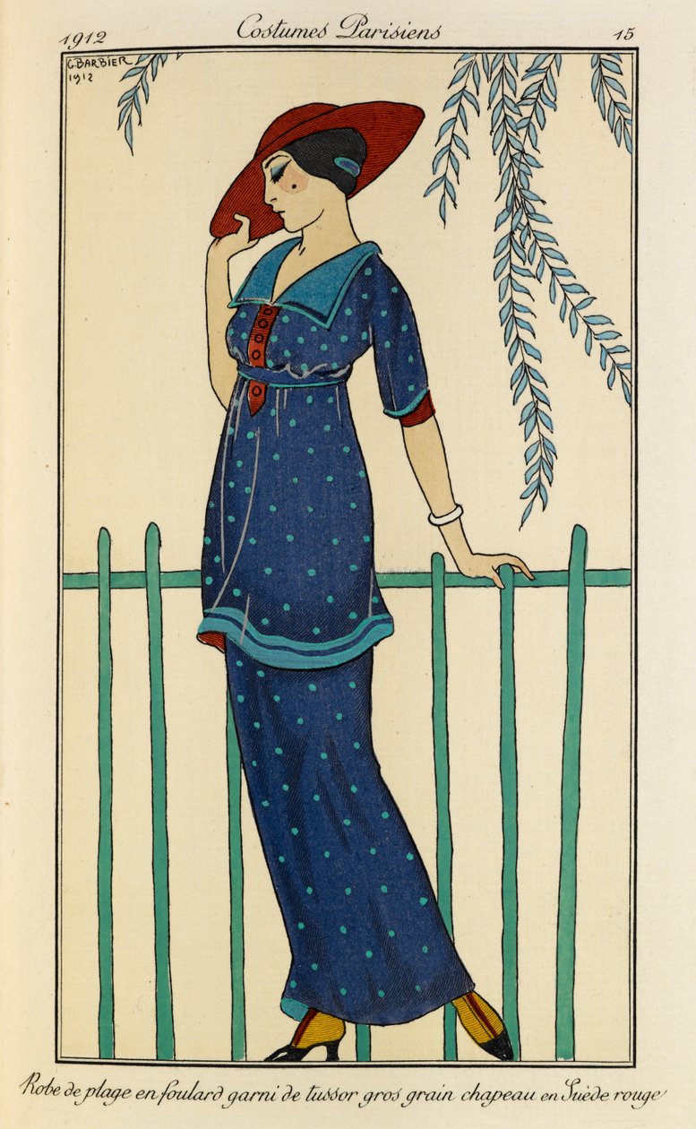 Robe de plage en foulard garni de tussor gros الحبوب الفاتحة في Suède rouge. أزياء Parisiens رقم 15. امرأة ترتدي فستانًا للشاطئ ووشاحًا حريريًا خامًا مزينًا بحبيبات كبيرة باللون الأزرق المرقط وقبعة حمراء. بواسطة جورج حلاق