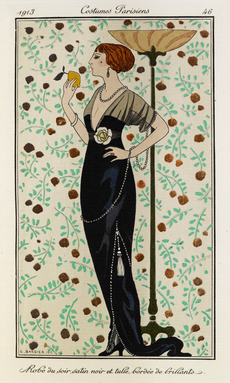 Robe du soir satin noir et tulle bordée de brillants. أزياء Parisiens رقم 46. المرأة ترتدي فستان سهرة من الساتان الأسود ، مبطن بالماس ، وعلى حزام الخصر زهرة بيضاء. كما أنها ترتدي قلادة من الألماس. بواسطة جورج حلاق
