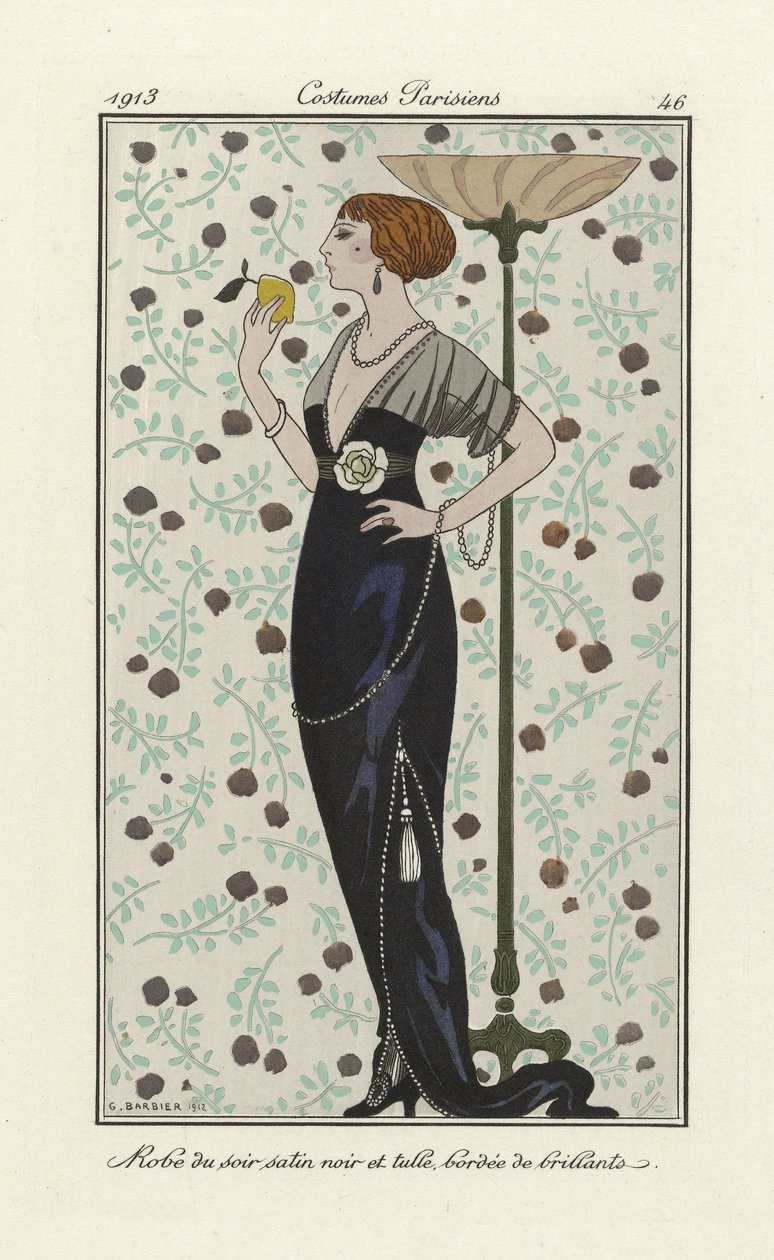 فستان سهرة من الساتان والتل باللون الأسود مزين باللمعان ، من Costumes Parisien ، Pub 1913 (طباعة استنسل) بواسطة جورج حلاق