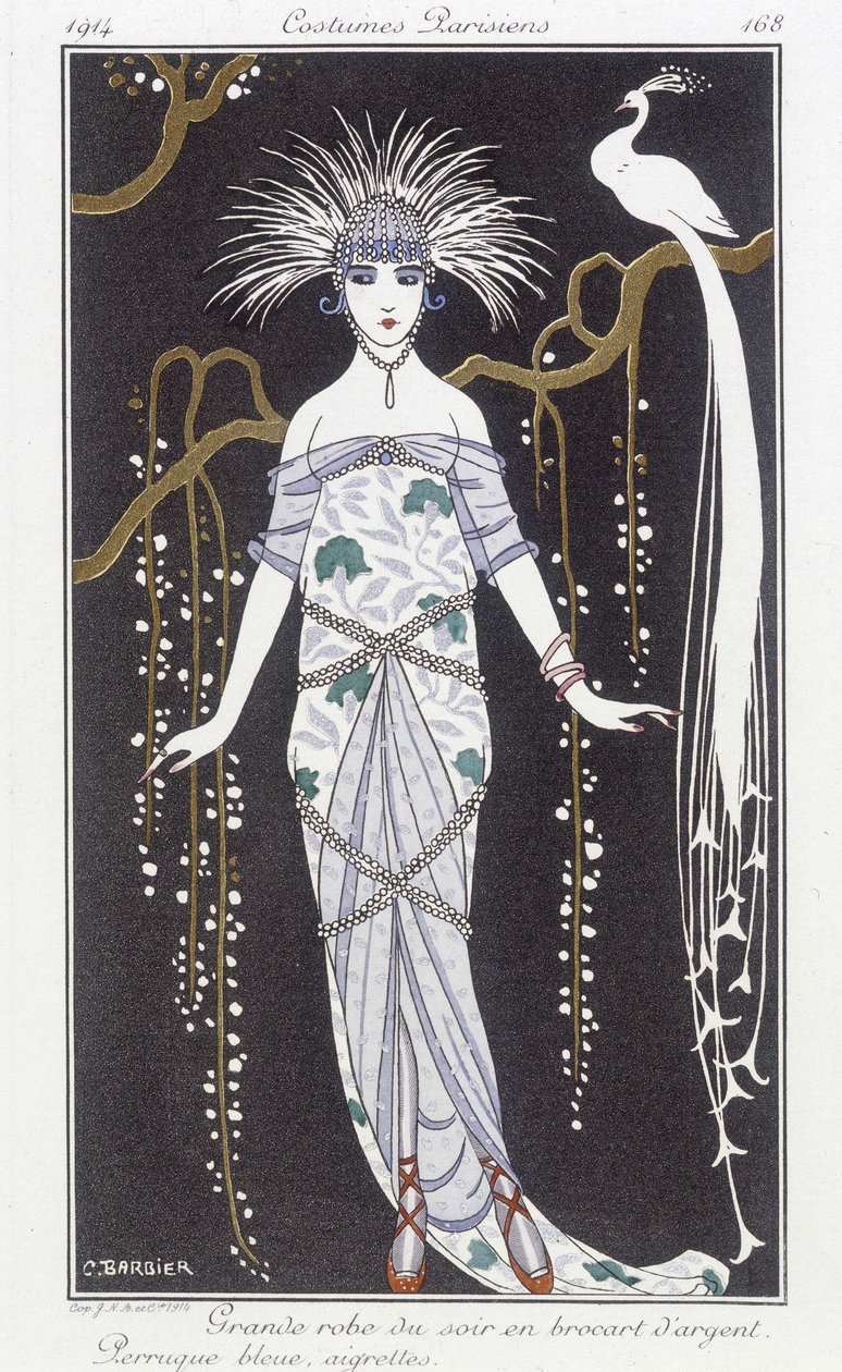 فستان سهرة من الديباج الفضي وشعر مستعار - رسم لجورج باربييه (1882-1932). في "" Journal des dames et des mode: Costumes Parisiens "" بواسطة جورج حلاق