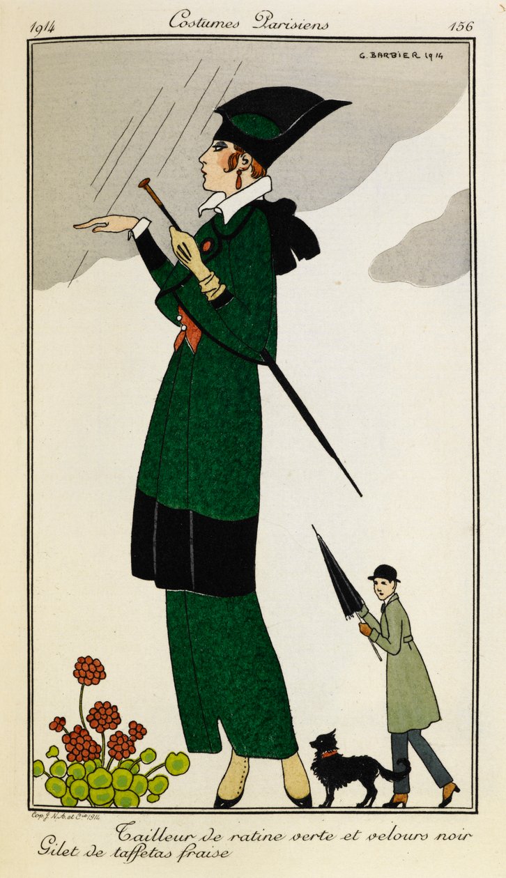 Tailleur de ratine verte et velours noir. جيليه دي تافيتاس فرايز. امرأة ترتدي زيًا مفصلًا من الحرير الأخضر والأسود ، مع صدرية من الحرير المصنوع من الفراولة. شخص يرتدي معطفًا مع مظلة وكلب في الخلفية. ازياء Parisiens. بواسطة جورج حلاق
