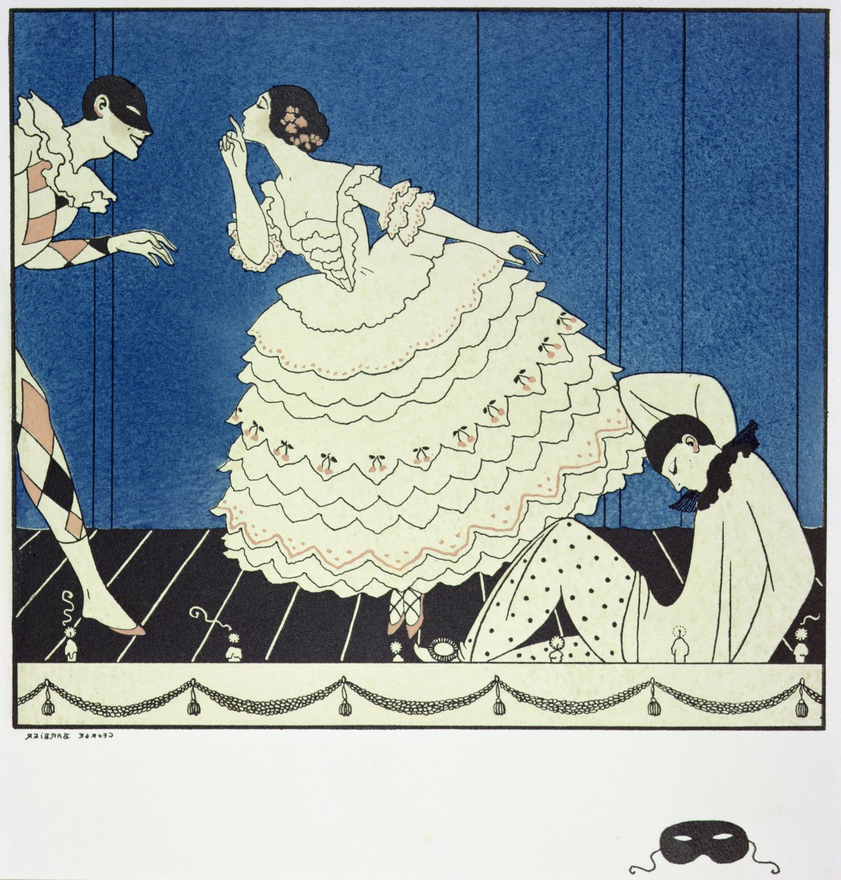 تمارا كارسافينا (1885-1978) في دور كولومبين ، وفاسلاف نيجينسكي (1890-1950) في دور هارلكين وأدولف بولم (1884-1951) في دور بييرو في "كرنفال" فوكين في عام 1910 ، حانة. 1914 (طباعة pochoir) بواسطة جورج حلاق