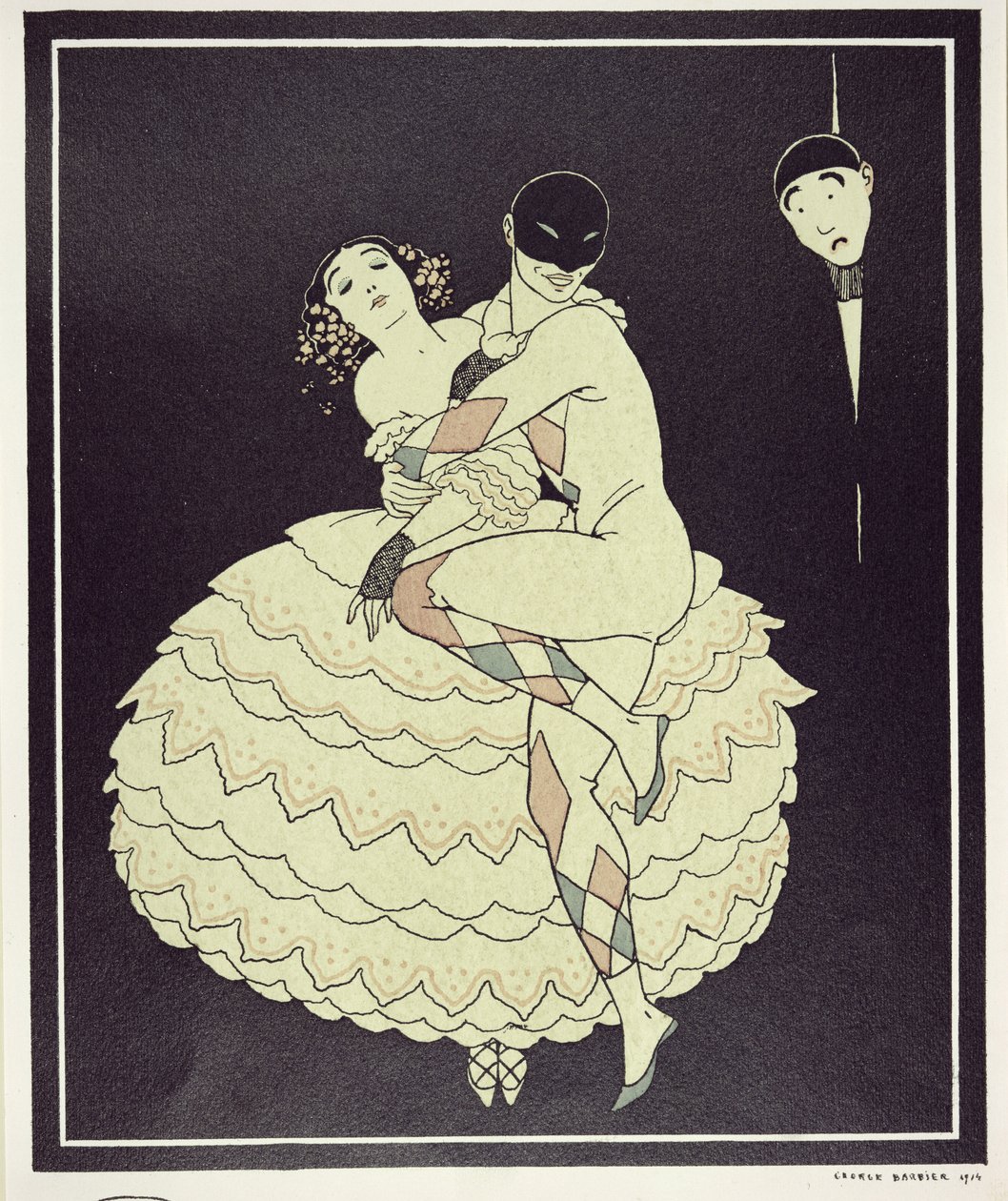 تمارا كارسافينا (1885-1978) مثل كولومبين وفاسلاف نيجينسكي (1890-1950) مثل Harlequin في Fokine &39;Carnaval&39; في عام 1910 ، حانة. 1914 (طباعة pochoir) بواسطة جورج حلاق