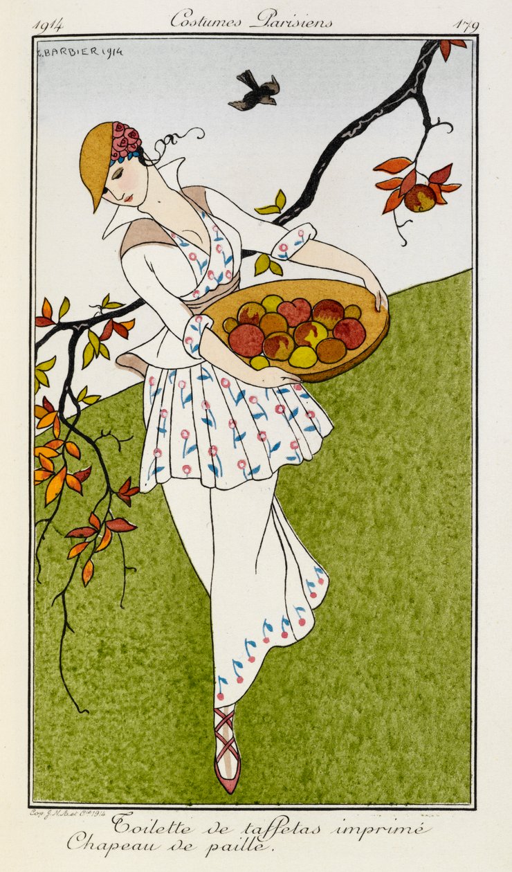 Toilette de taffetas Imprime Chapeau de paille. ازياء Parisiens رقم 179. امرأة ترتدي زيًا حريريًا مطبوعًا وقبعة من القش. إنها تحمل وعاء من الفاكهة. بواسطة جورج حلاق
