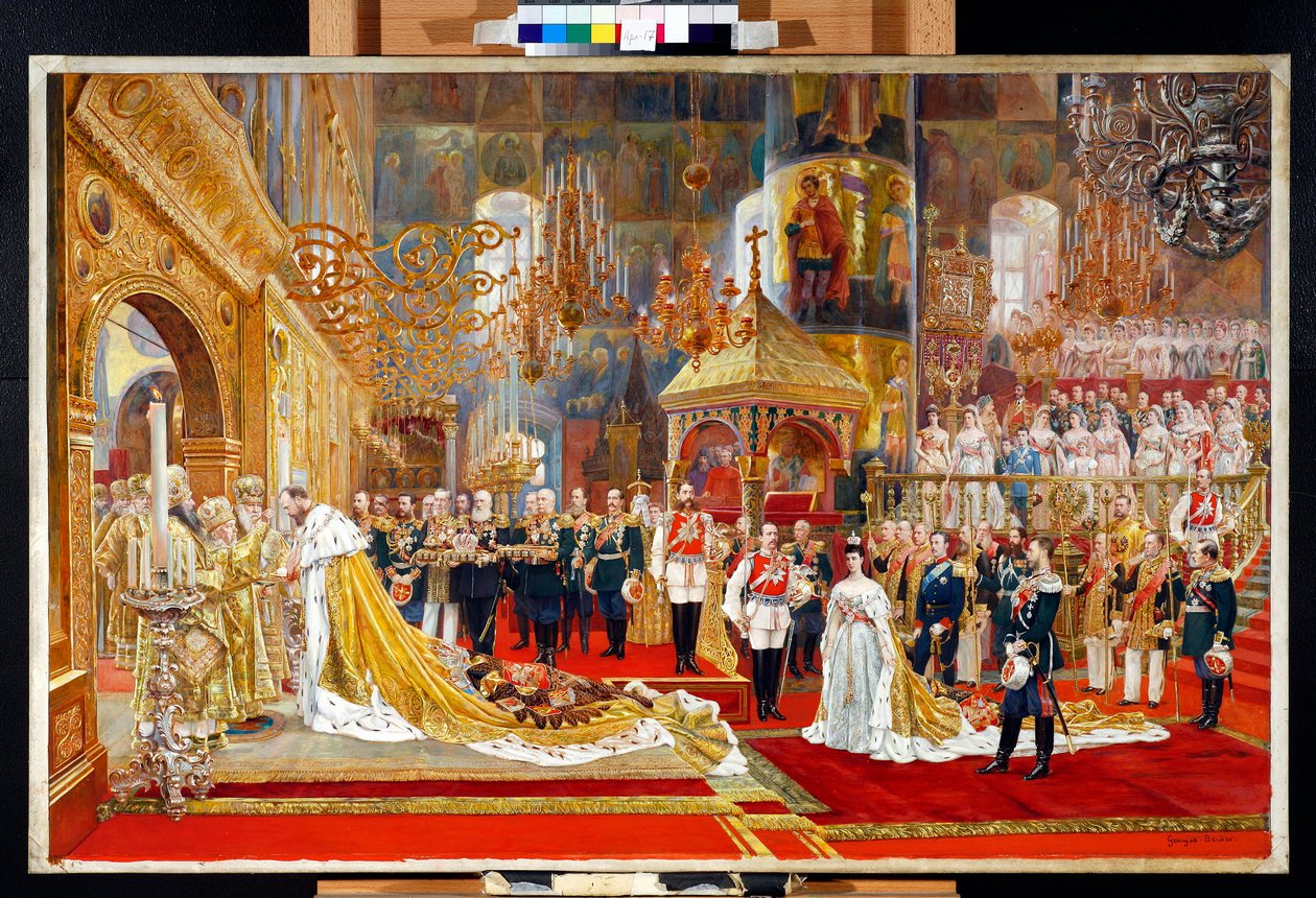 تتويج القيصر ألكسندر الثالث ملك روسيا (1845-1894) والإمبراطورة ماريا فيودوروفنا (داغمار الدنماركي) (1847-1928) - عمل فني لجورج بيكر (1845-1909) بواسطة جورج بيكر