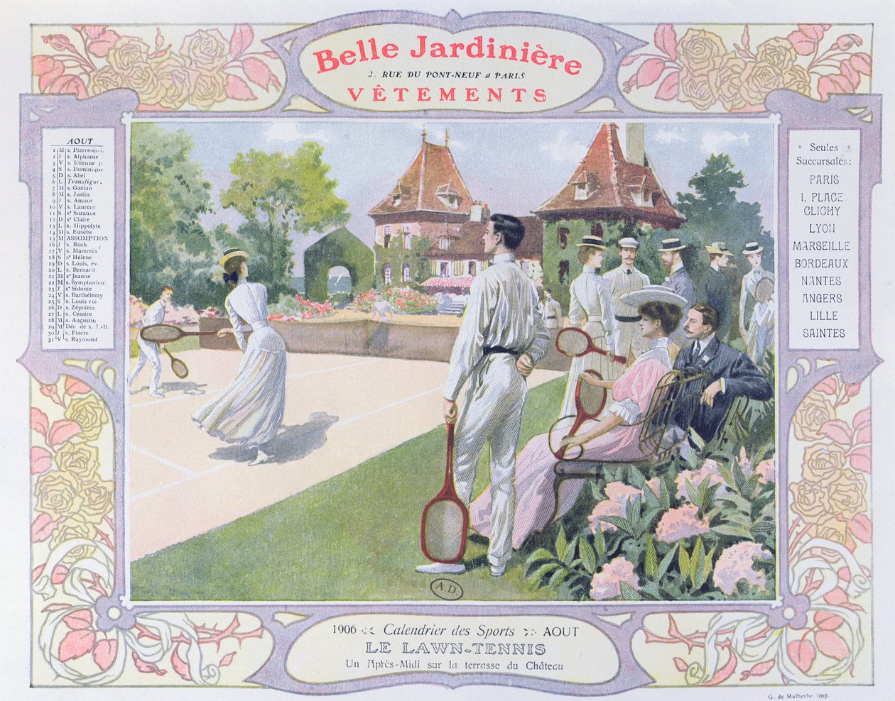 تنس الحديقة ، رسم توضيحي لشهر أغسطس من تقويم لمتجر الملابس "La Belle Jardiniere" ، 1906 بواسطة جورج بيرتين سكوت