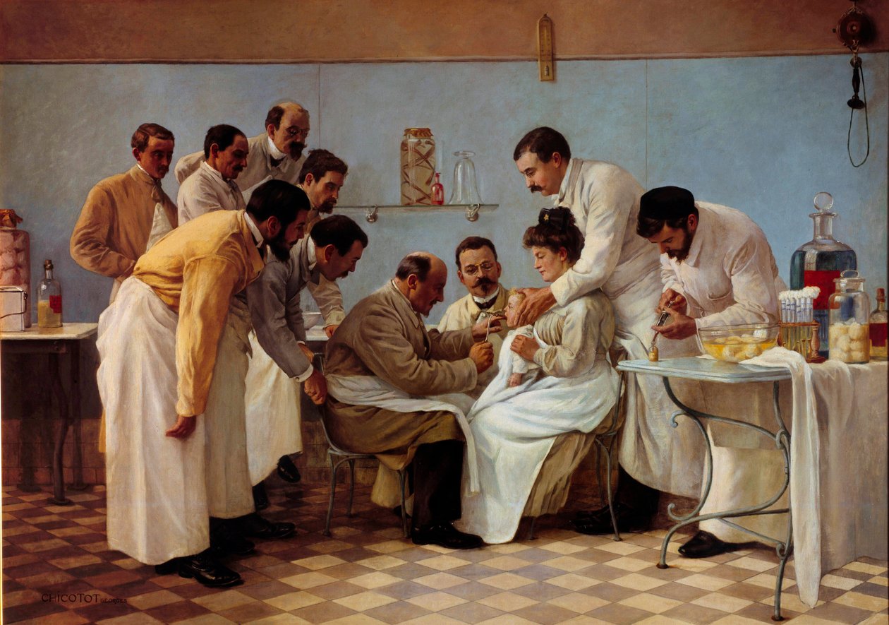 الطب: "" الغلاف "" "إدخال أنبوب له طفل مصاب بالخناق. لوحة لجورج شيكوت (نشط بين عامي 1899 و 1907). القرن ال 20 الشمس. 1،3x1،8 م Musee de l'Assistance Publique ، باريس - الطب: التنبيب. يتم تمرير أنبوب مرن لأسفل بواسطة جورج شيكوت