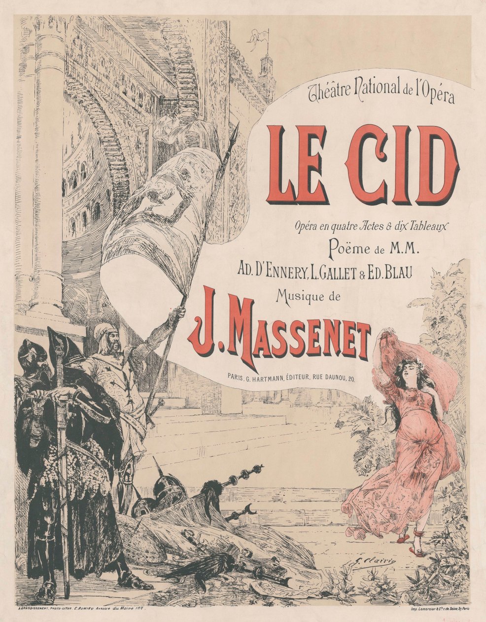 ملصق للعرض الأول لأوبرا لو سيد لجول ماسينت ، 1885. بواسطة جورج كليرين