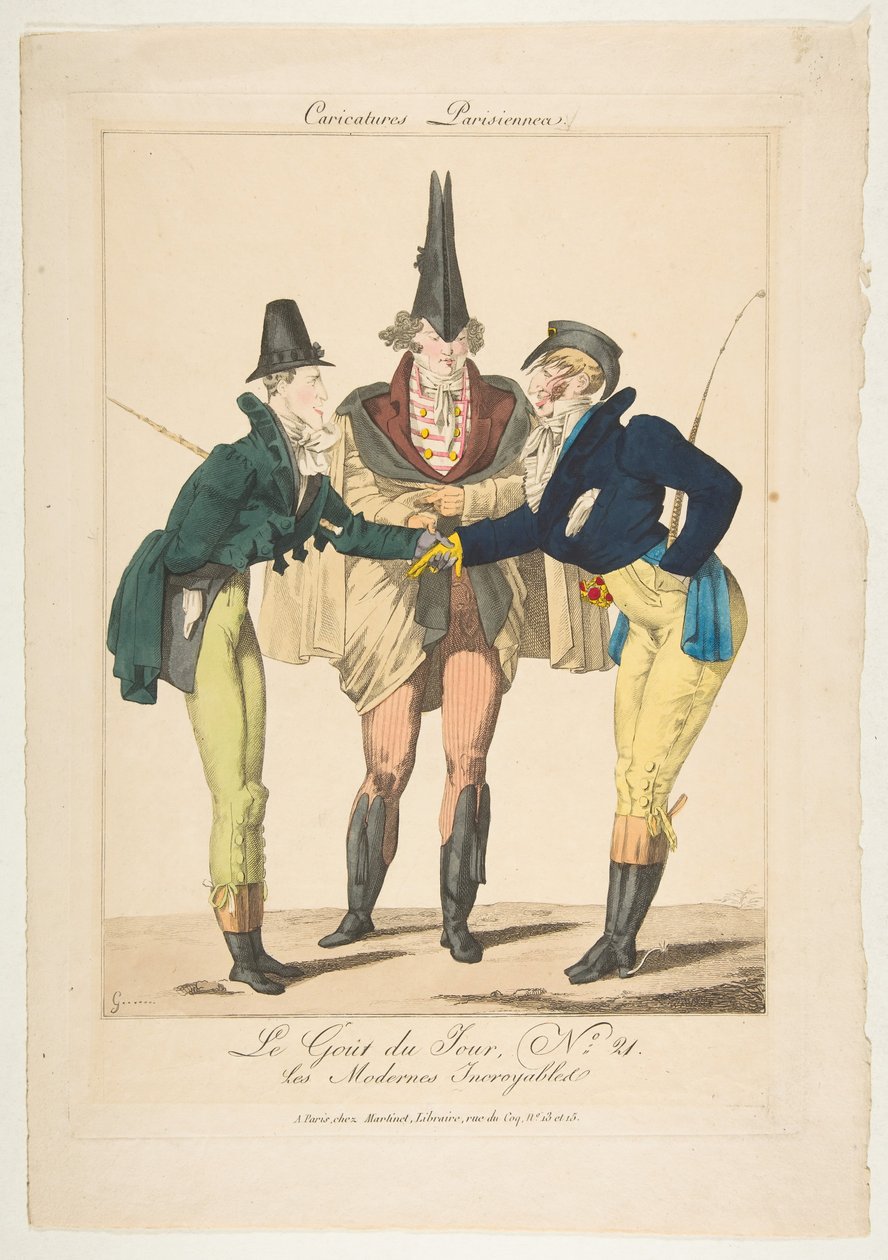Le Goût du Jour ، رقم 21: Les Modernes Incroyables ، من Caricatures Parisiennes ، كاليفورنيا. 1815. بواسطة جورج جاك جاتين