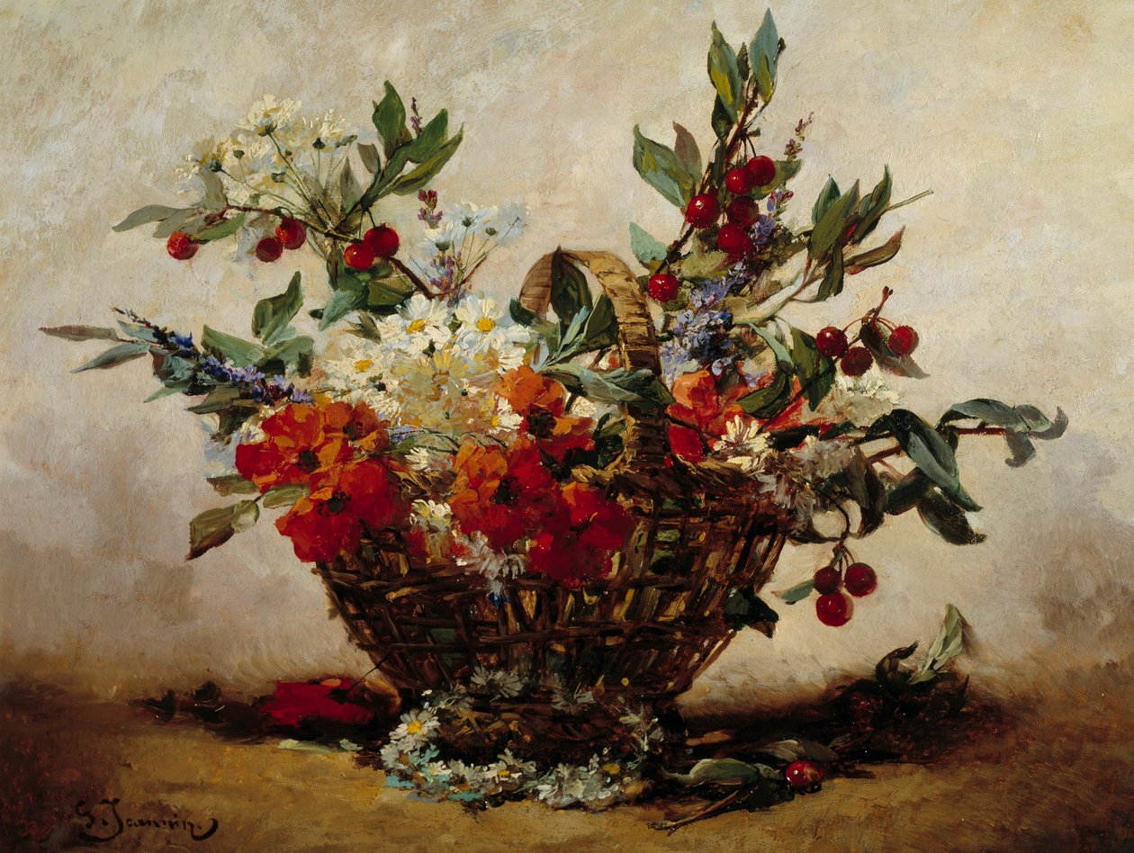 زهور في سلة رسم لجورج جانين (1841-1925) بواسطة جورج جانين