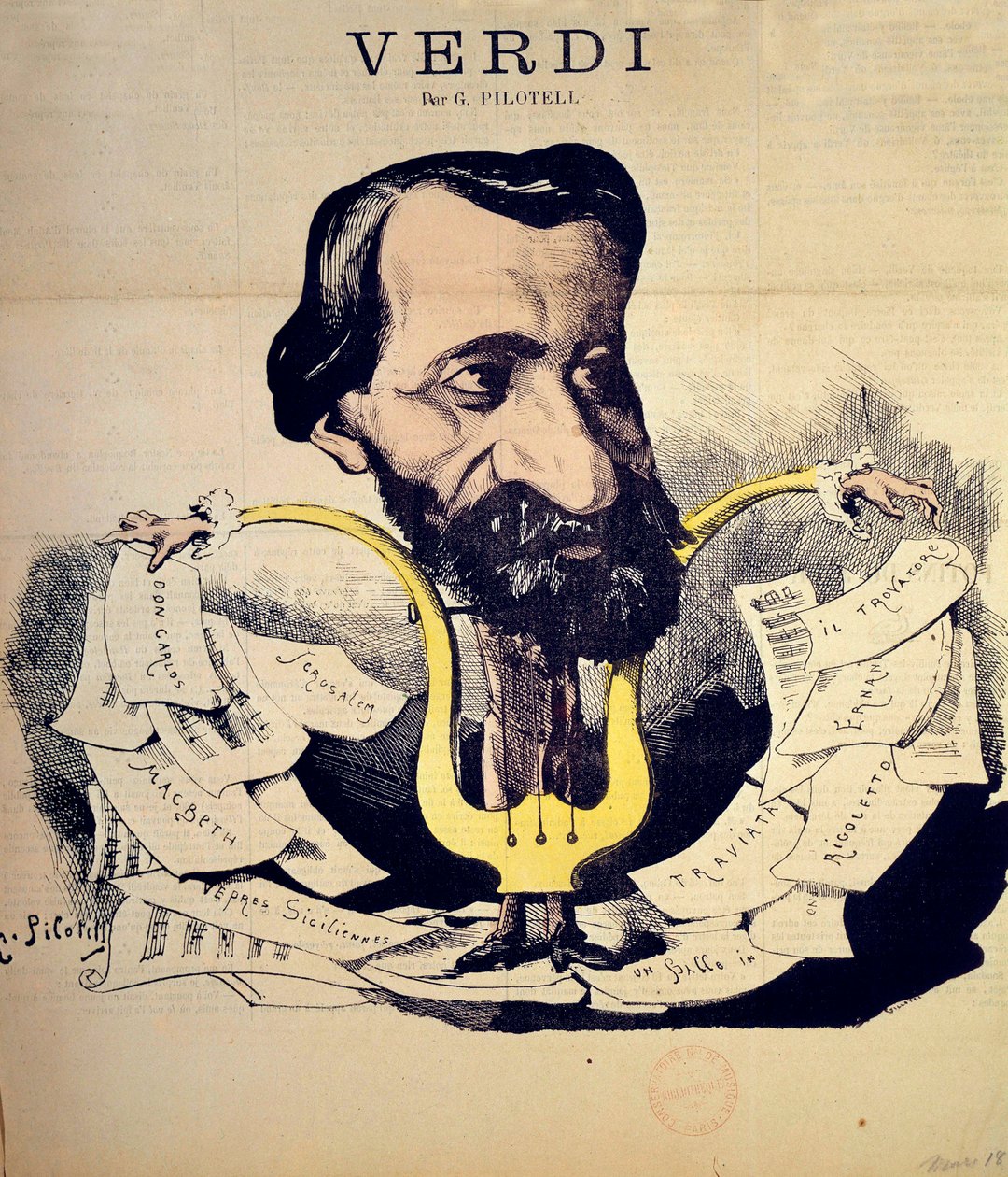 رسم كاريكاتوري للمؤلف جوزيبي فيردي (1813-1901) لبيلوتيل (1845-1918) مارس 1869. المعهد الوطني للموسيقى ، باريس بواسطة جورج لابادي بيلوتيل