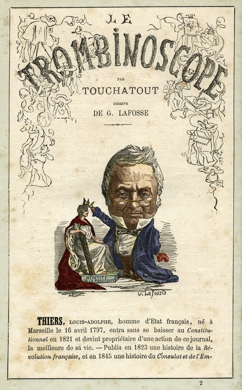 رسم توضيحي لأدولف تيرز (1797-1877) من "لو ترومبينوسكوب"، وهي دورية سياسية ساخرة بقلم ليون شارل بينفينو، المعروفة باسم توشاتو (1835-1910) مونوغرافيا رقم 2، باريس بواسطة 