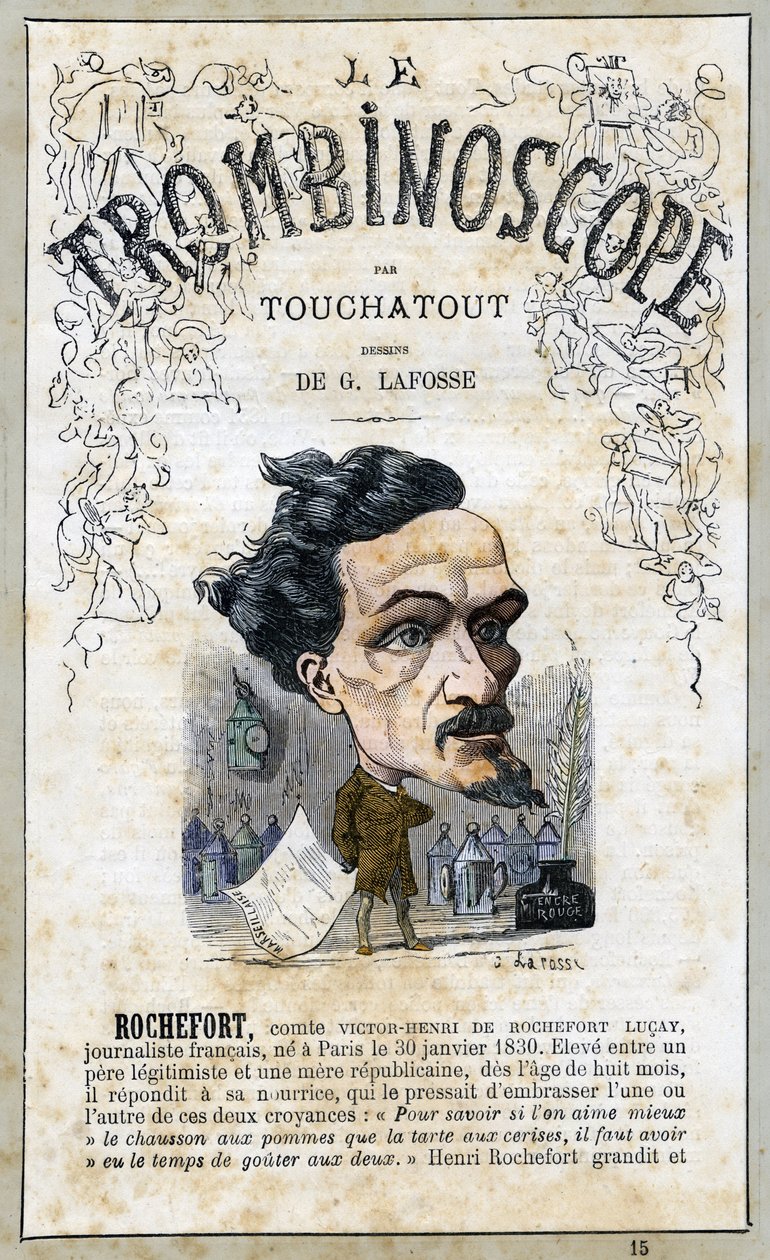 فيكتور هنري روشيفور (1831-1913)، رسم توضيحي من "لو ترومبينوسكوب"، وهي دورية سياسية ساخرة بقلم ليون شارل بينفينو، المعروف باسم توشاتوت (1835-1910) مونوغرافيا رقم 15، إمبريال فالي، باريس، أوتوبري 1871 بواسطة 