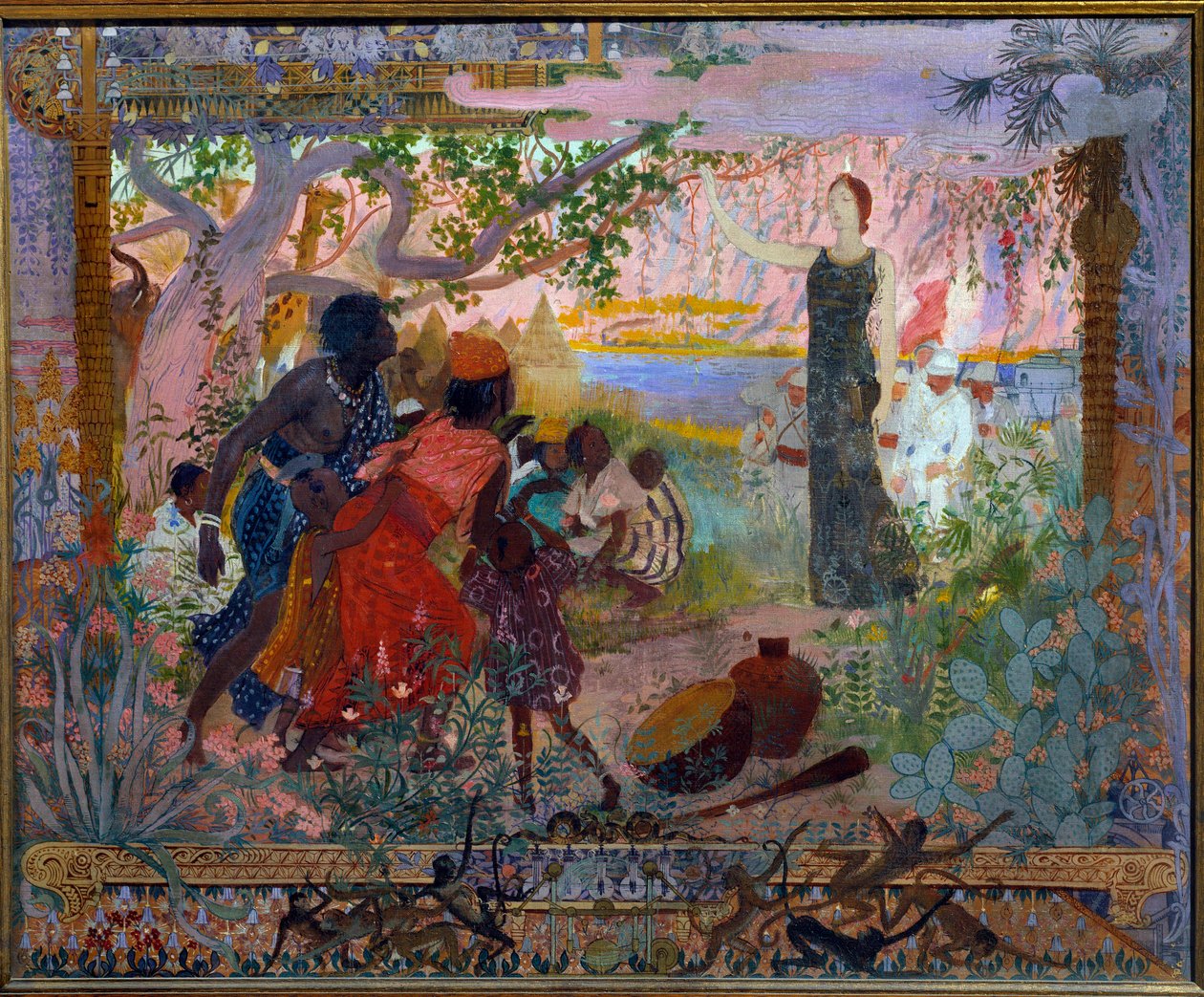 Academic art or firefighter: “The conquete of Africa”” Allegory about colonialism representing a young white woman solemnly advancing towards frightened African families. Painting by Georges Antoine Rochegrosse (1859-1938) 1900 Paris, Musee du Luxembourg - بواسطة جورج ماري روشجروس