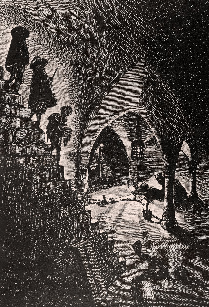La Cave Pénale - صورة توضيحية من L&39;Homme qui rit ، القرن التاسع عشر (النقش بالأبيض والأسود) بواسطة جورج ماري روشجروس