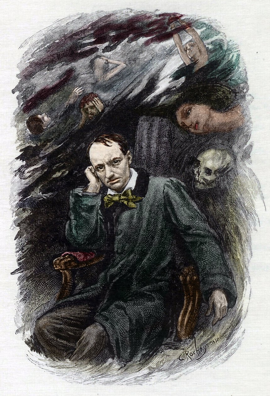 صورة للشاعر الفرنسي تشارلز بودلير (1827-1861) تحيط بأشباحه (تمثيل للشاعر الرومانسي الفرنسي تشارلز بودلير محاطًا بالأشباح ، رسم توضيحي لـ "" زهور الشر ") رسم لجورج أنطوان روشغروس (1859-1919) بواسطة جورج ماري روشجروس
