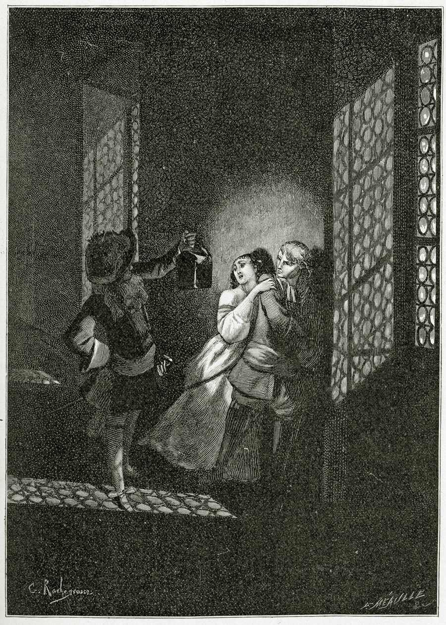 تم القبض على العشاق Ethel و Ordener من قبل اللفتنانت دالفيلد - التوضيح من Han d&39;Islande ، القرن التاسع عشر (bw engraving) بواسطة جورج ماري روشجروس