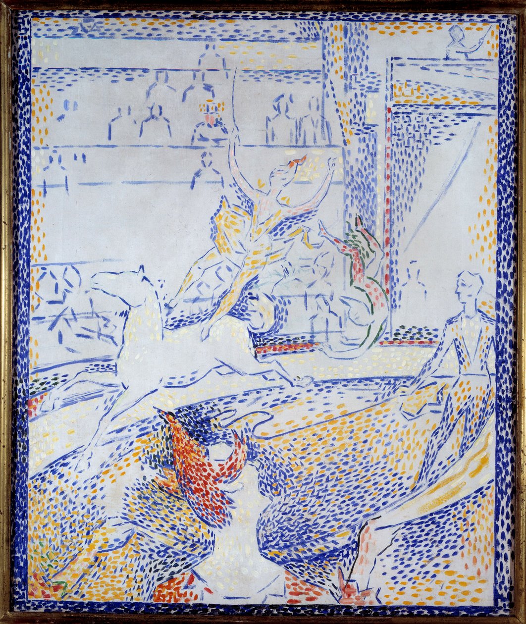 سيرك راقص يقوم برقم الأكروبات على ظهور الخيل ومهرج. رسم لجورج سورات (1859-1891) 1891 صن. 0،55x0،46 م باريس ، متحف دورسيه بواسطة جورج بيير سورات