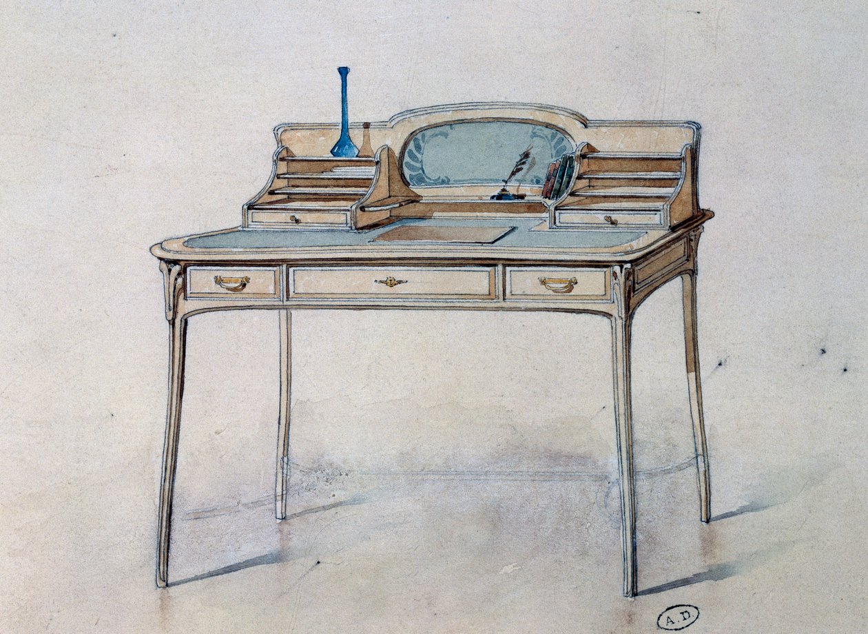 رسم لمكتب كتابة للسيدات على طراز فن الآرت نوفو لـ Bing Atelier (ورشة Art Nouveau) ، حوالي 1900 (ألوان مائية وقلم رصاص) بواسطة جورج دي فيور